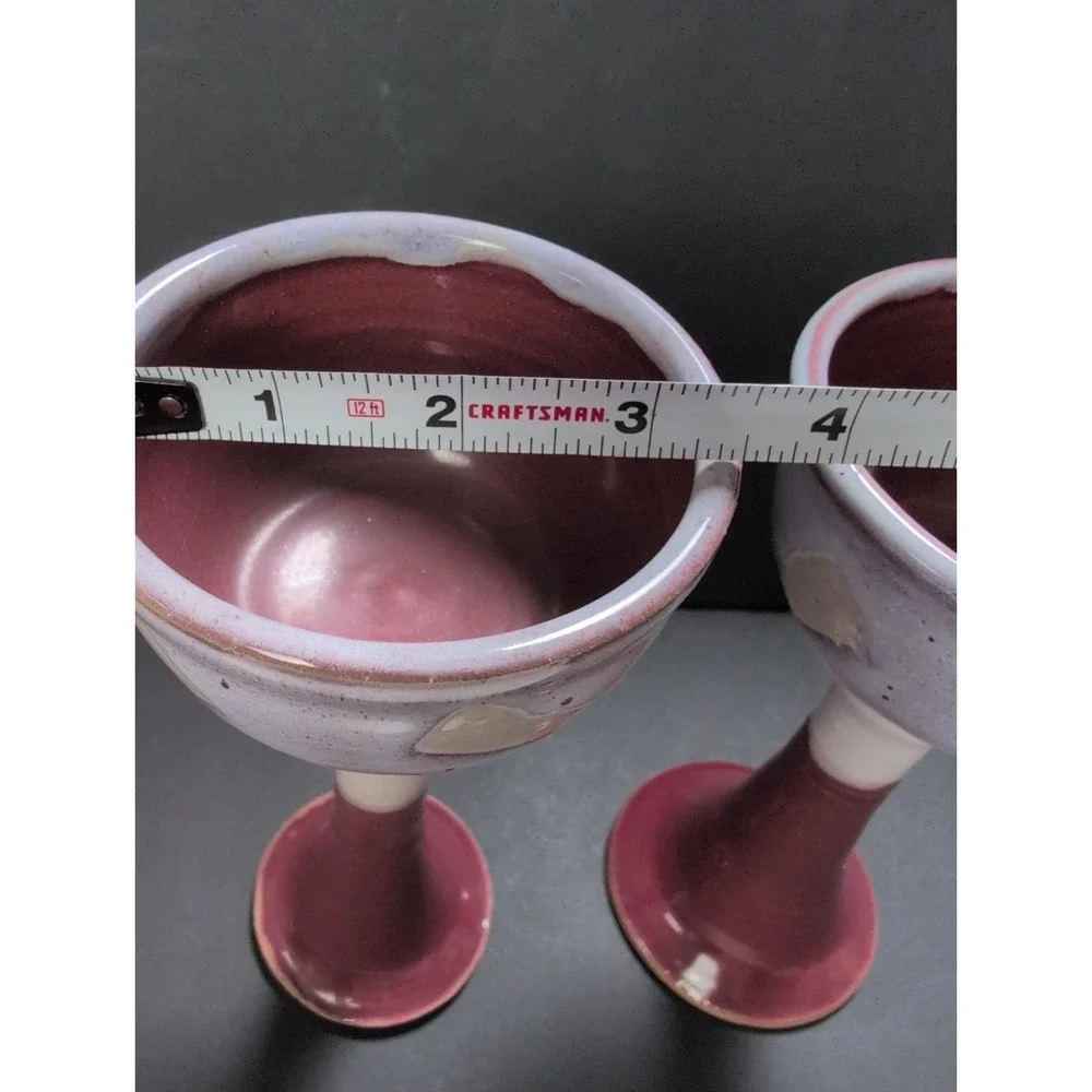 Set 2 Studio Art Pottery Goblet Chalice Wine Glass Cream Maroon Glazed Pedestal